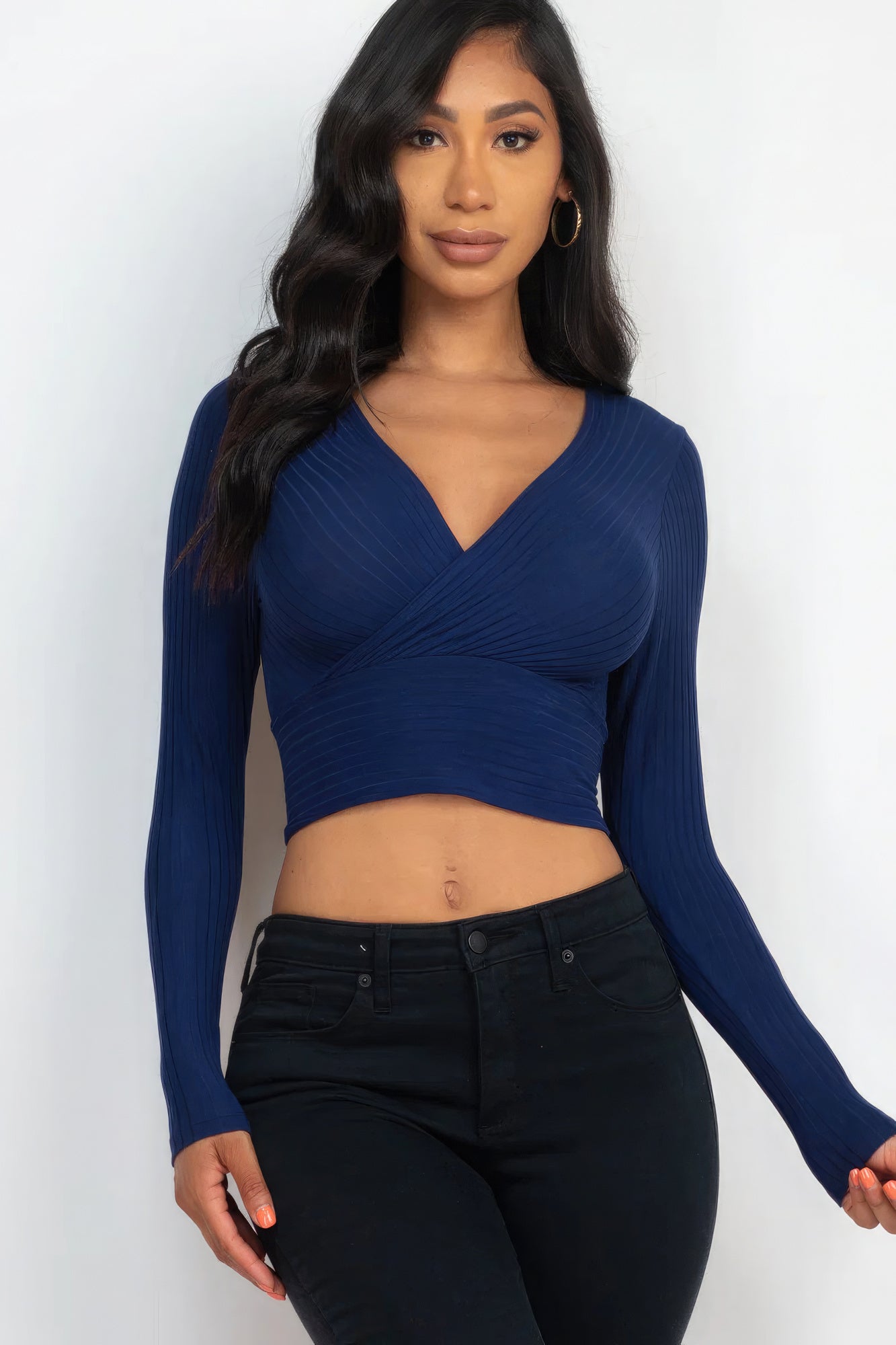 Ribbed Wrap Front Long Sleeve Top-Teresa&#39;s Fashionista LLC