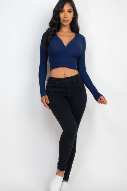 Ribbed Wrap Front Long Sleeve Top-Teresa&#39;s Fashionista LLC