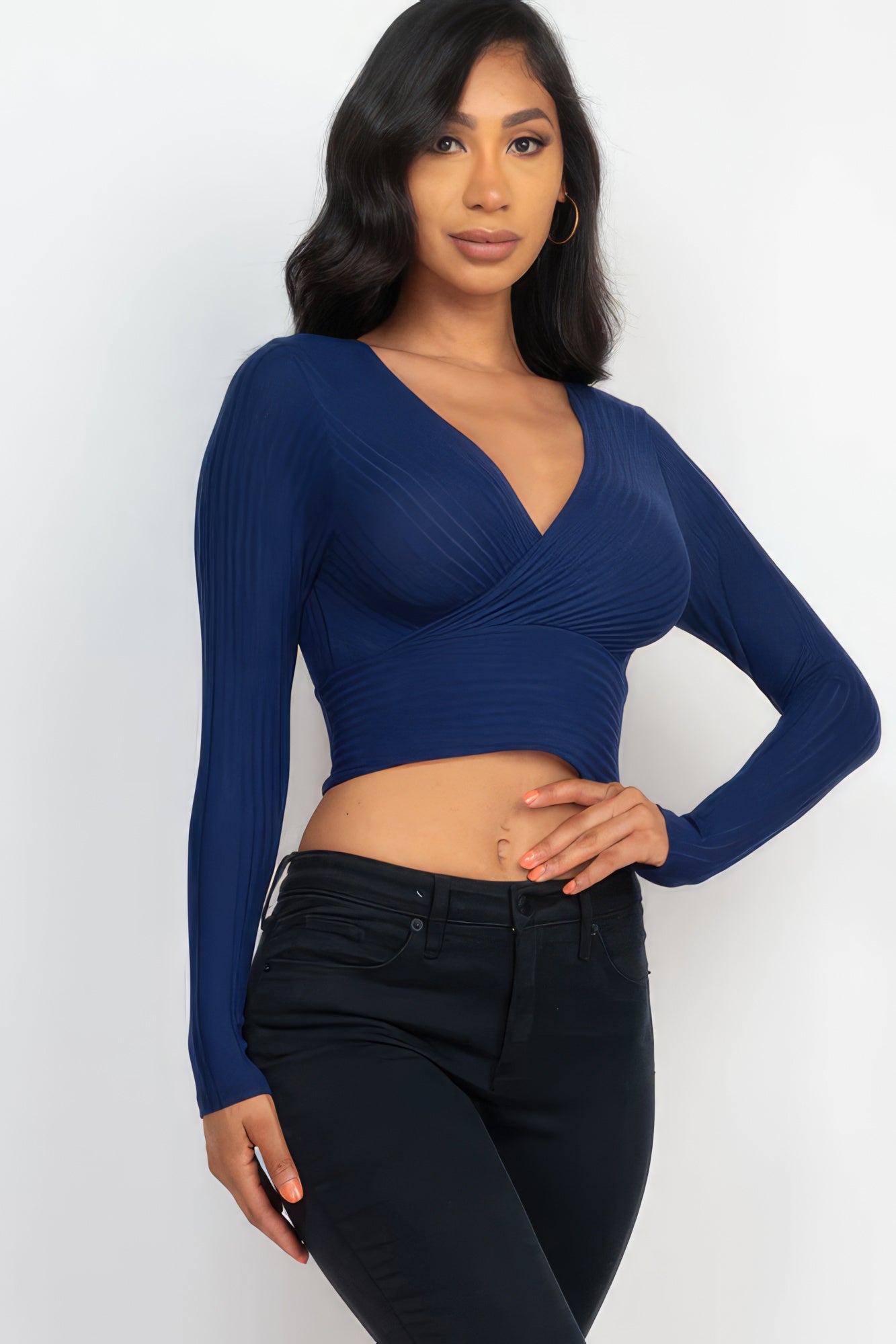 Ribbed Wrap Front Long Sleeve Top-Teresa&#39;s Fashionista LLC