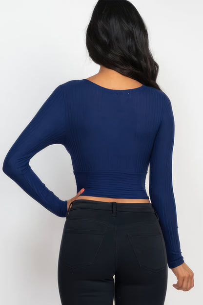 Ribbed Wrap Front Long Sleeve Top-Teresa&#39;s Fashionista LLC