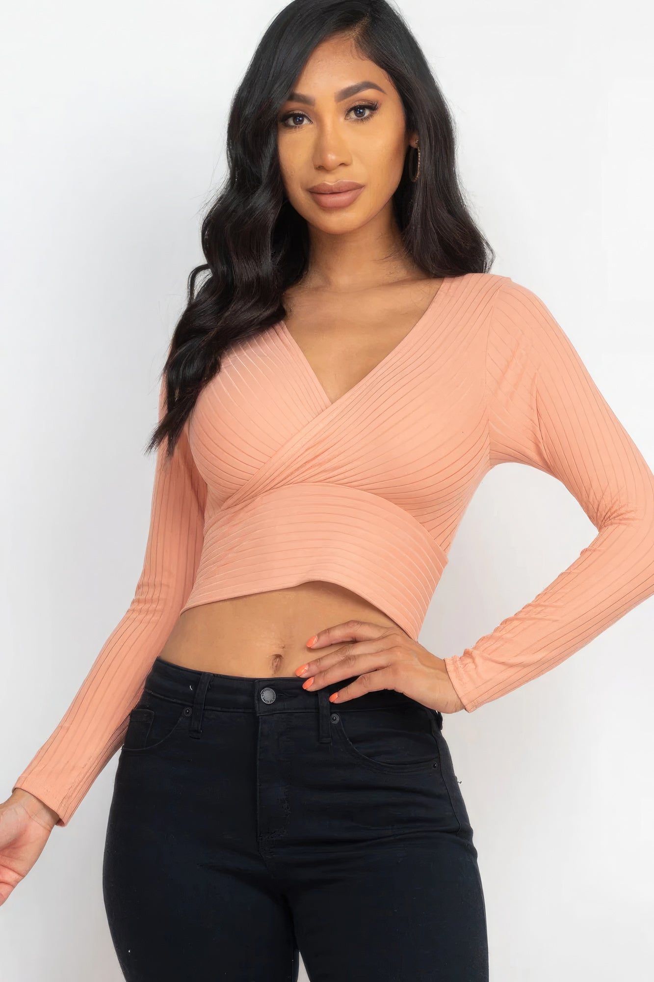 Ribbed Wrap Front Long Sleeve Top-Teresa&#39;s Fashionista LLC