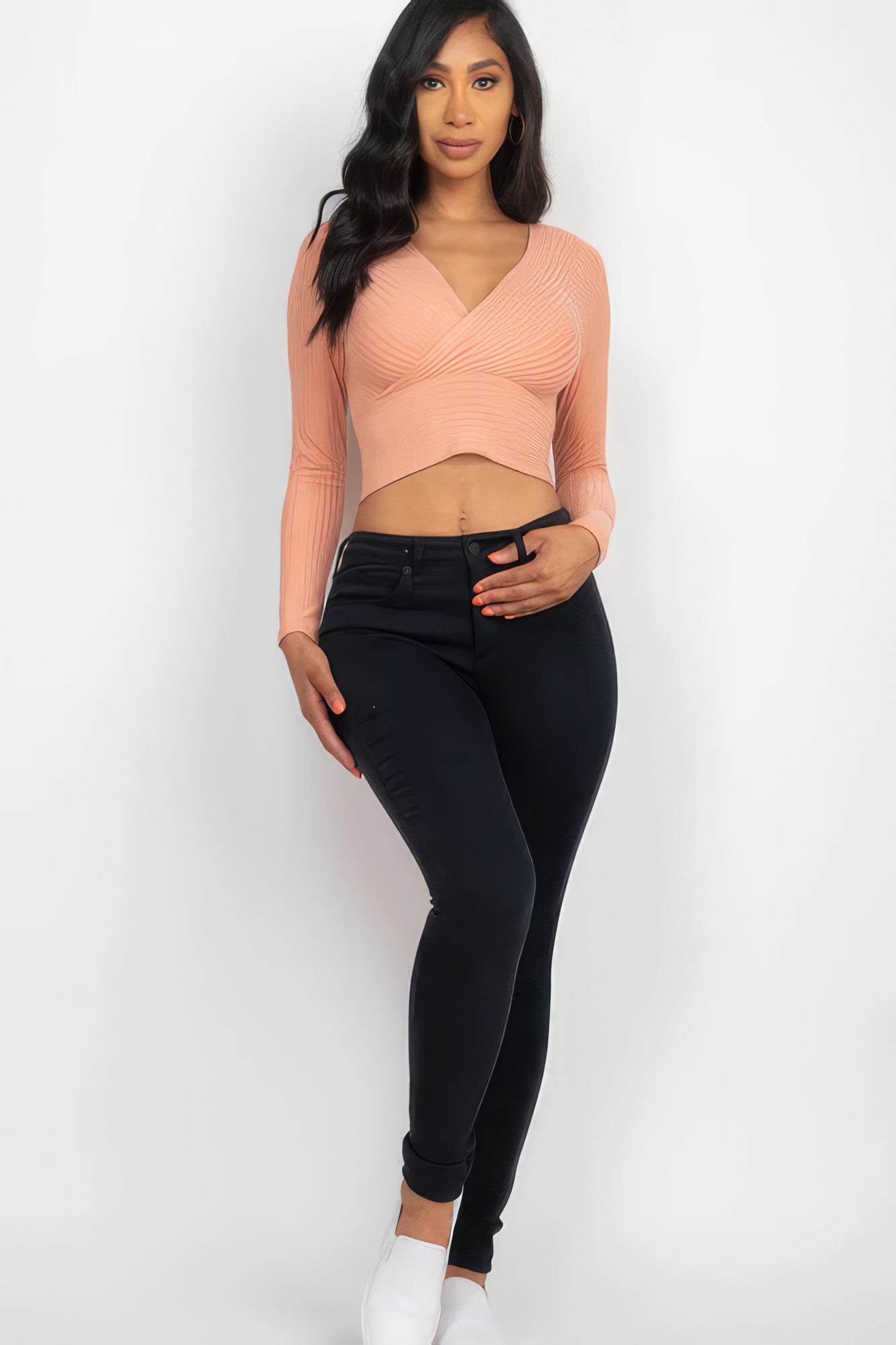 Ribbed Wrap Front Long Sleeve Top-Teresa&#39;s Fashionista LLC