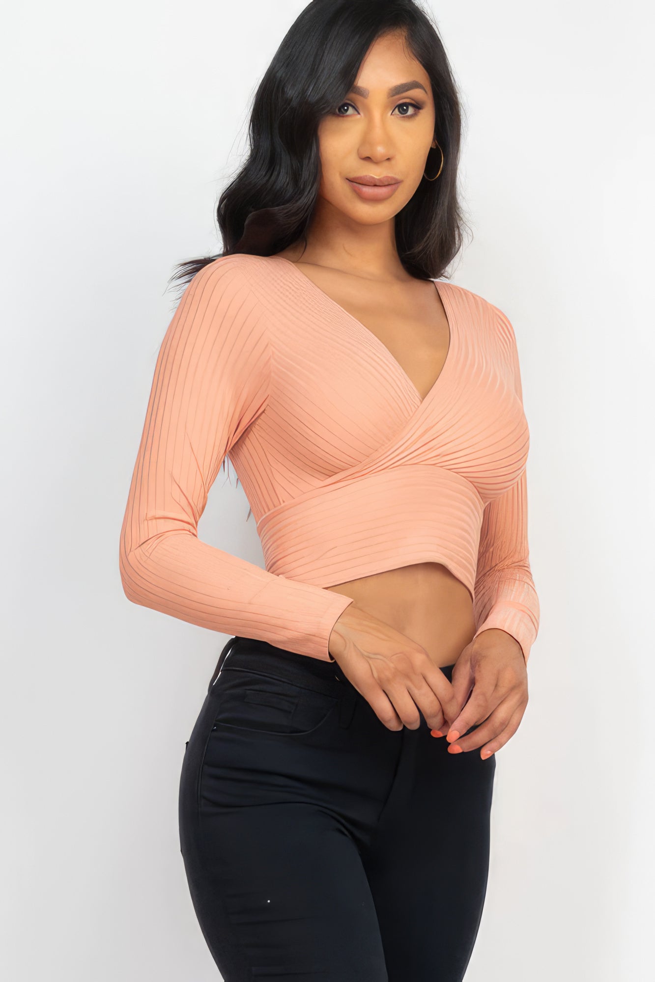 Ribbed Wrap Front Long Sleeve Top-Teresa&#39;s Fashionista LLC