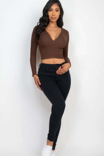 Ribbed Wrap Front Long Sleeve Top-Teresa&#39;s Fashionista LLC