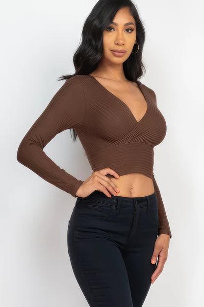 Ribbed Wrap Front Long Sleeve Top-Teresa&#39;s Fashionista LLC