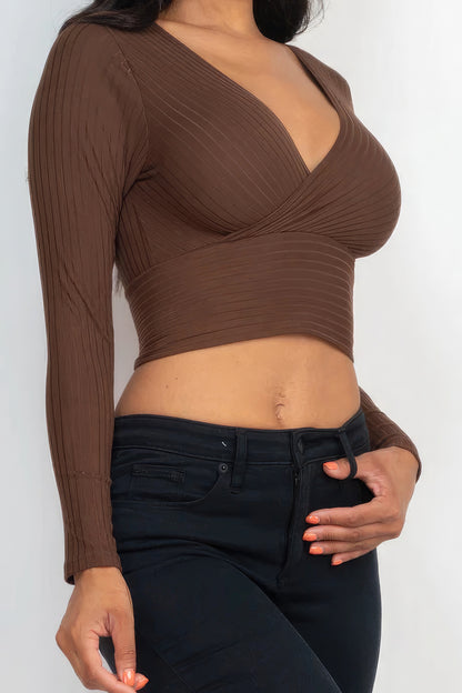 Ribbed Wrap Front Long Sleeve Top-Teresa&#39;s Fashionista LLC