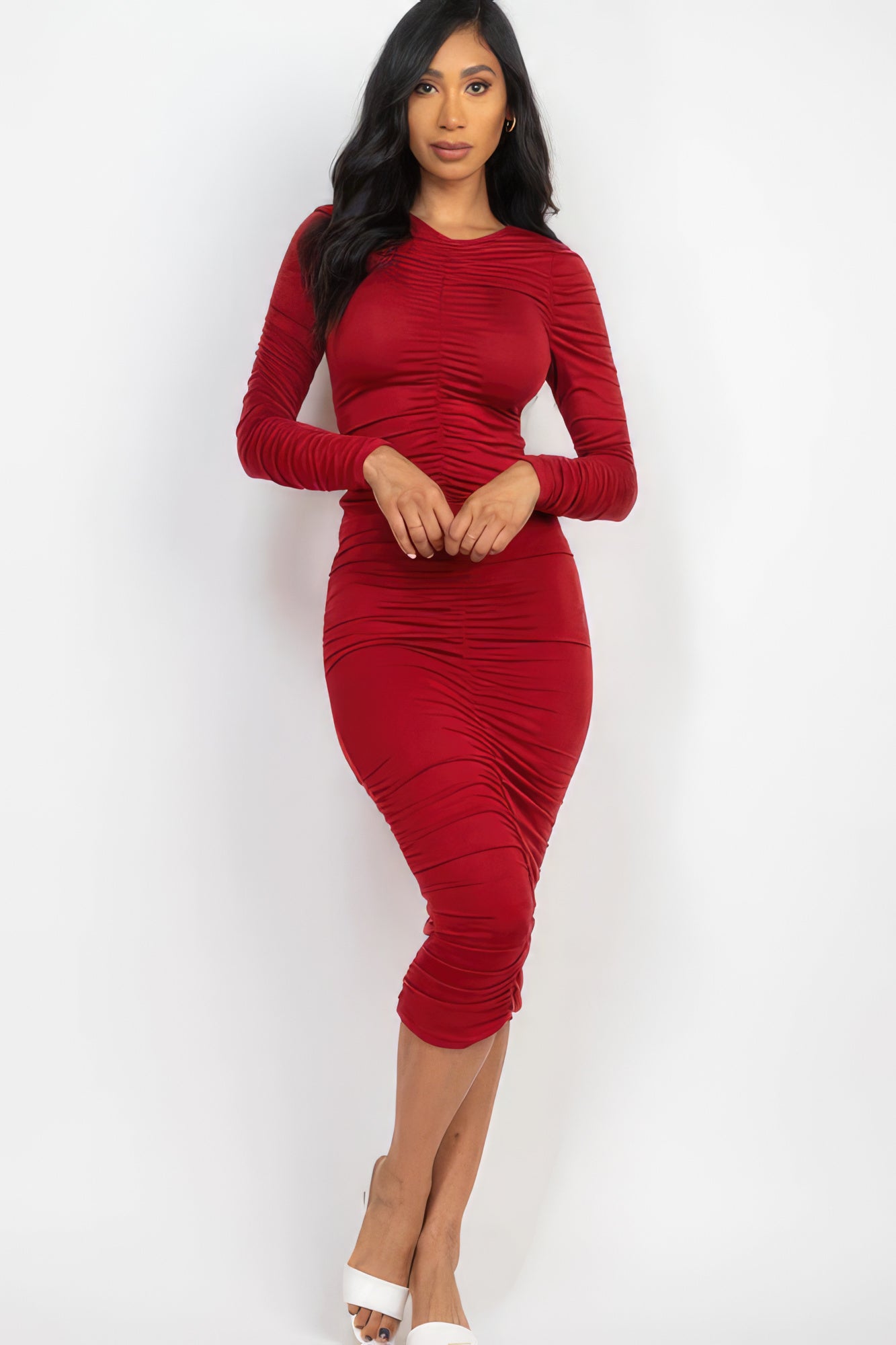 Ruched Long Sleeve Midi Dress-Teresa&#39;s Fashionista LLC