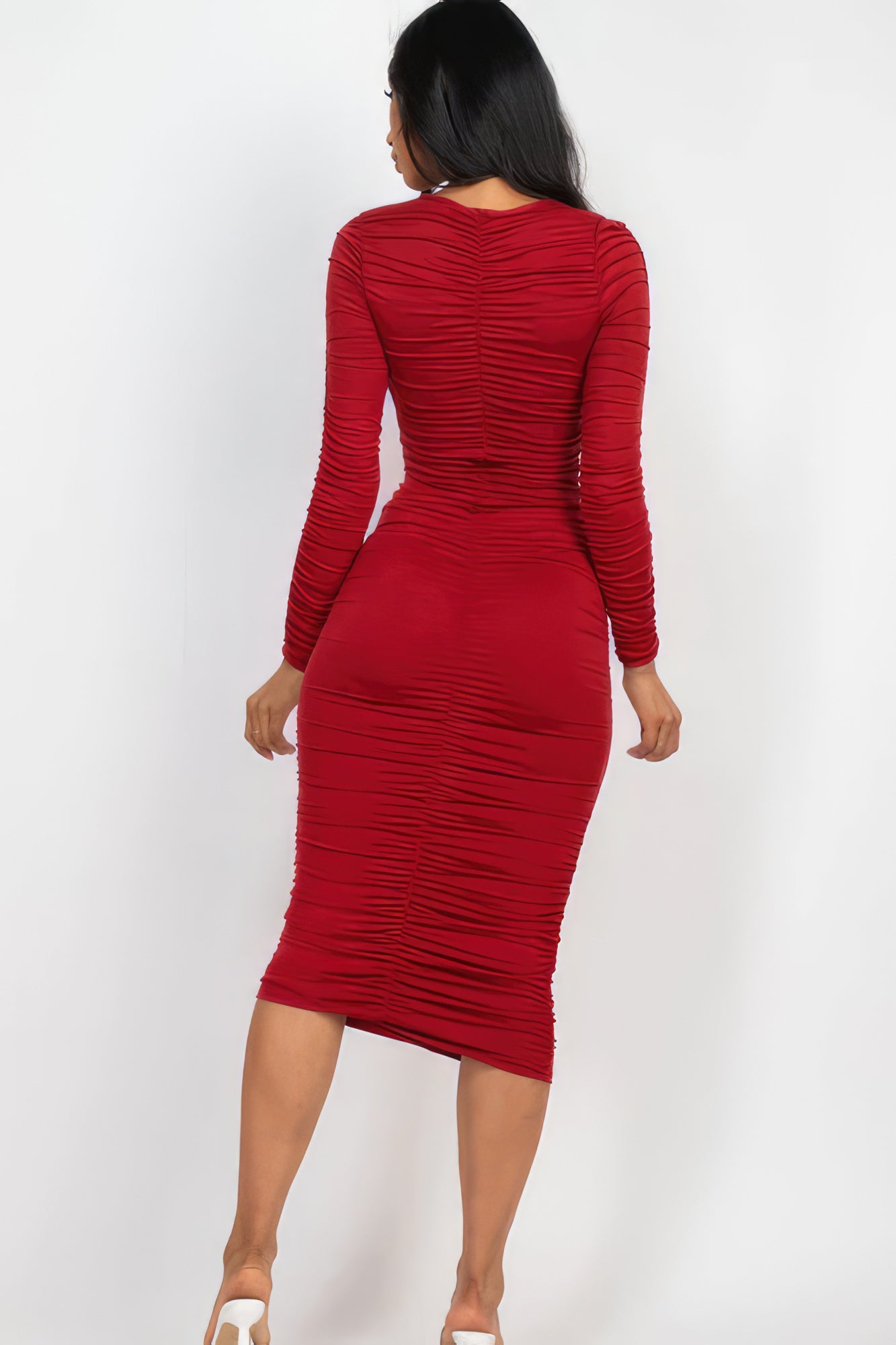 Ruched Long Sleeve Midi Dress-Teresa&#39;s Fashionista LLC