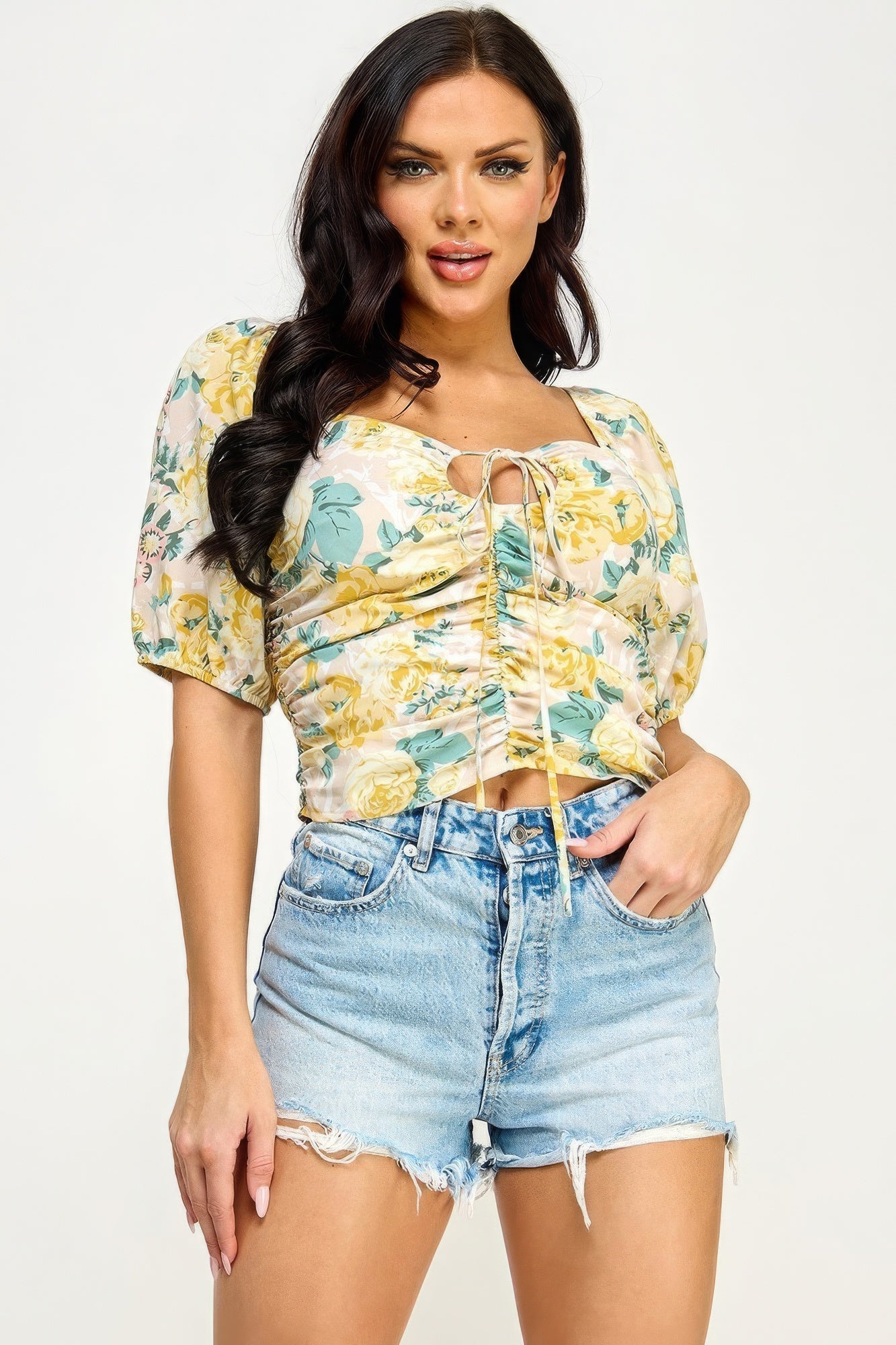 Floral Print Lace Up Ruched Crop Top-Teresa&#39;s Fashionista LLC