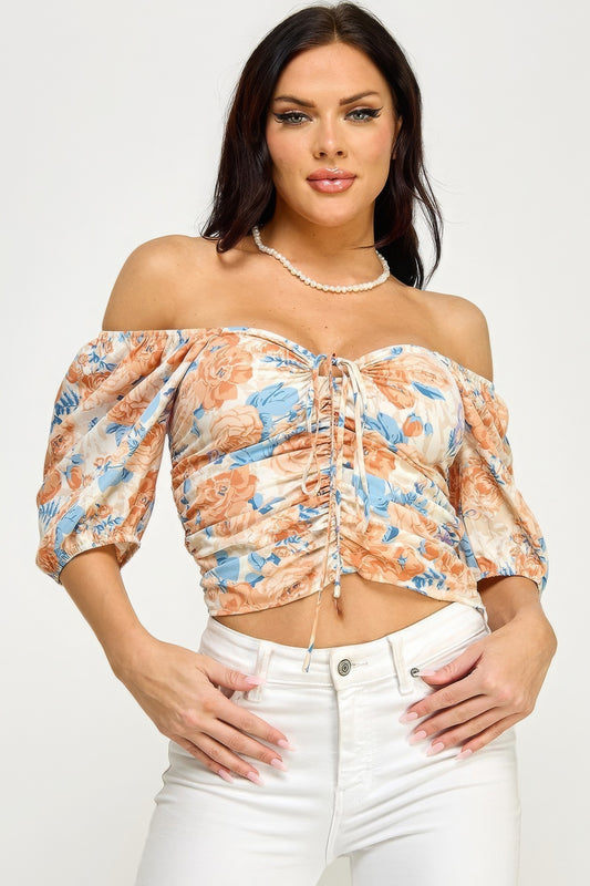 Floral Print Lace Up Ruched Crop Top-Teresa&#39;s Fashionista LLC