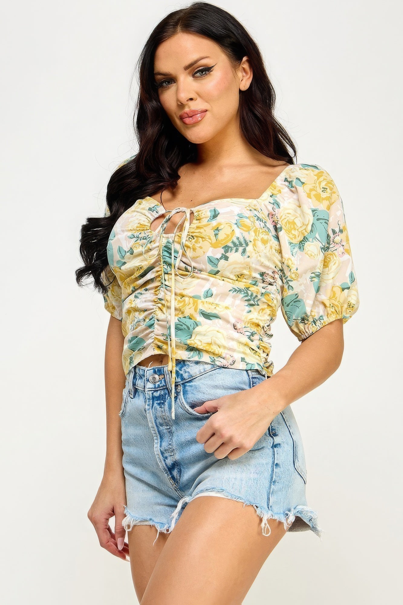 Floral Print Lace Up Ruched Crop Top-Teresa&#39;s Fashionista LLC