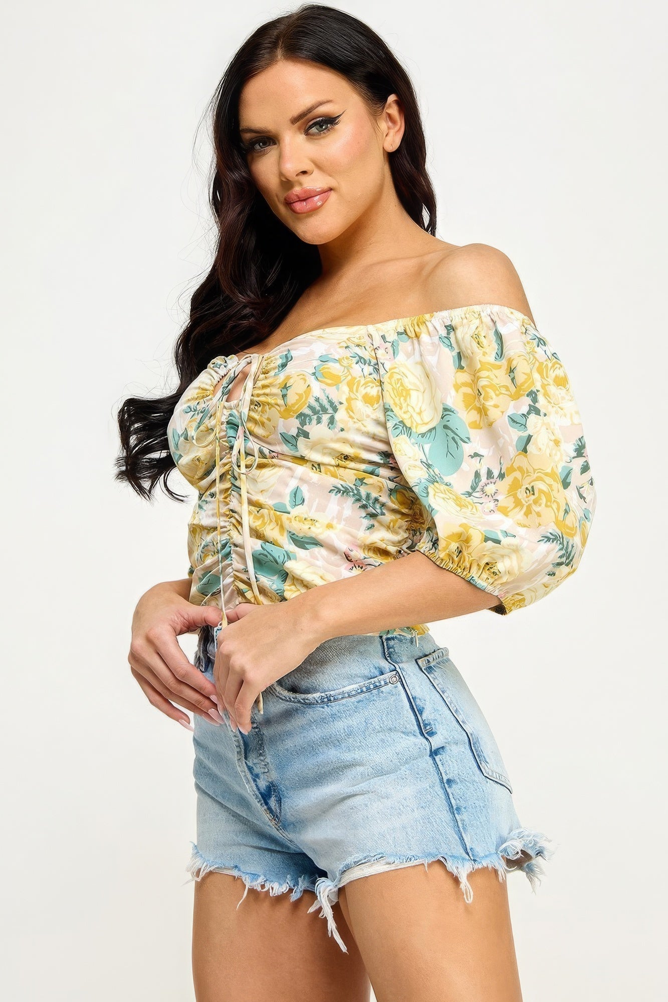 Floral Print Lace Up Ruched Crop Top-Teresa&#39;s Fashionista LLC