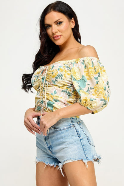 Floral Print Lace Up Ruched Crop Top-Teresa&#39;s Fashionista LLC