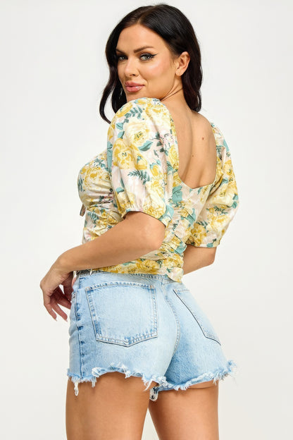 Floral Print Lace Up Ruched Crop Top-Teresa&#39;s Fashionista LLC