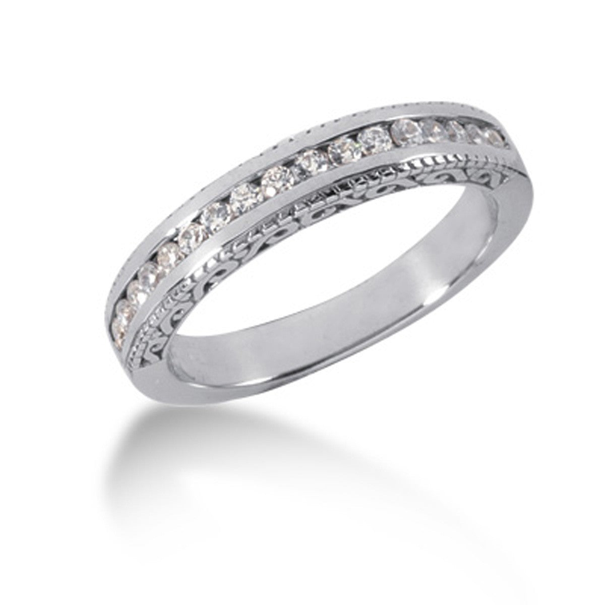 14k White Gold Vintage Style Engraved Diamond Channel Set Wedding Ring Band-Teresa&#39;s Fashionista LLC