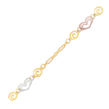 14k Tri-Color Gold Anklet with Multi Color Heart Stations-Teresa&#39;s Fashionista LLC