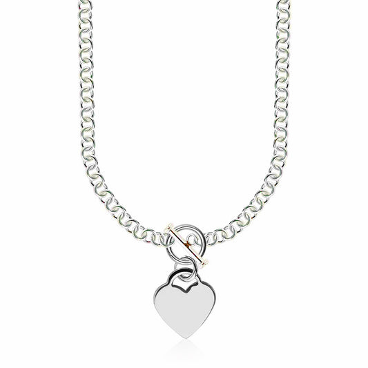 Sterling Silver Rhodium Plated Rolo Chain Necklace with a Heart Toggle Charm-Teresa&#39;s Fashionista LLC