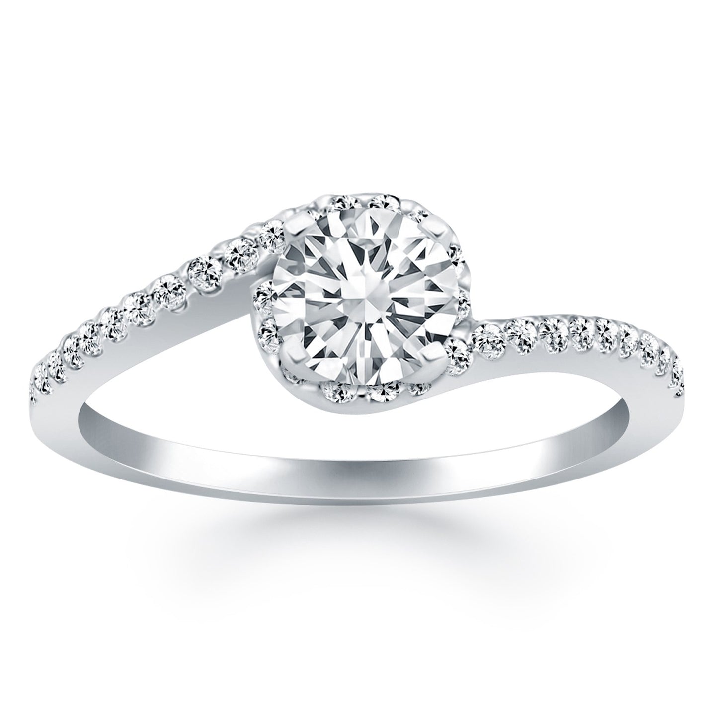 14k White Gold Bypass Swirl Diamond Halo Engagement Ring-Teresa&#39;s Fashionista LLC