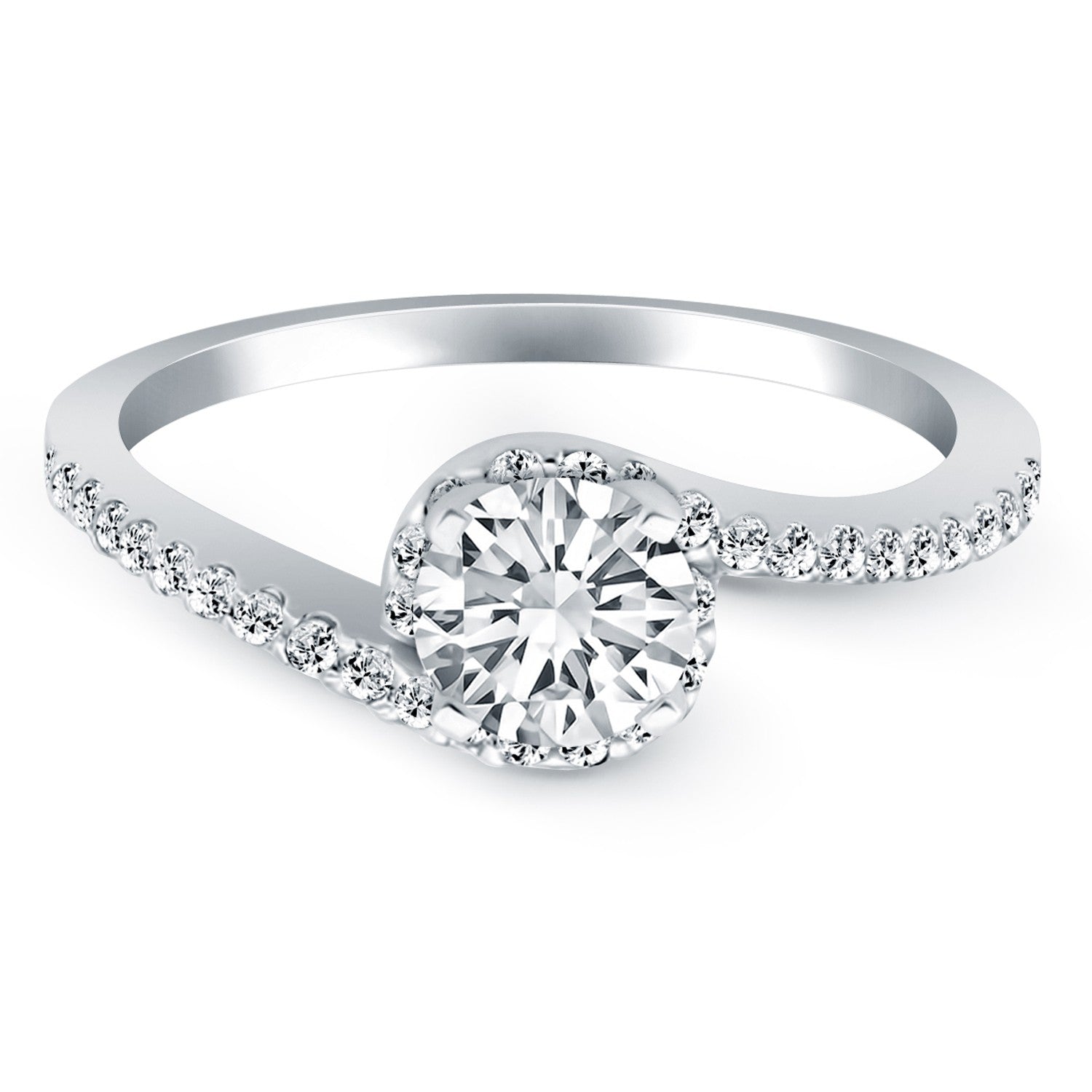 14k White Gold Bypass Swirl Diamond Halo Engagement Ring-Teresa&#39;s Fashionista LLC