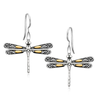 18k Yellow Gold and Sterling Silver Dragonfly Motif Drop Earrings-Teresa&#39;s Fashionista LLC