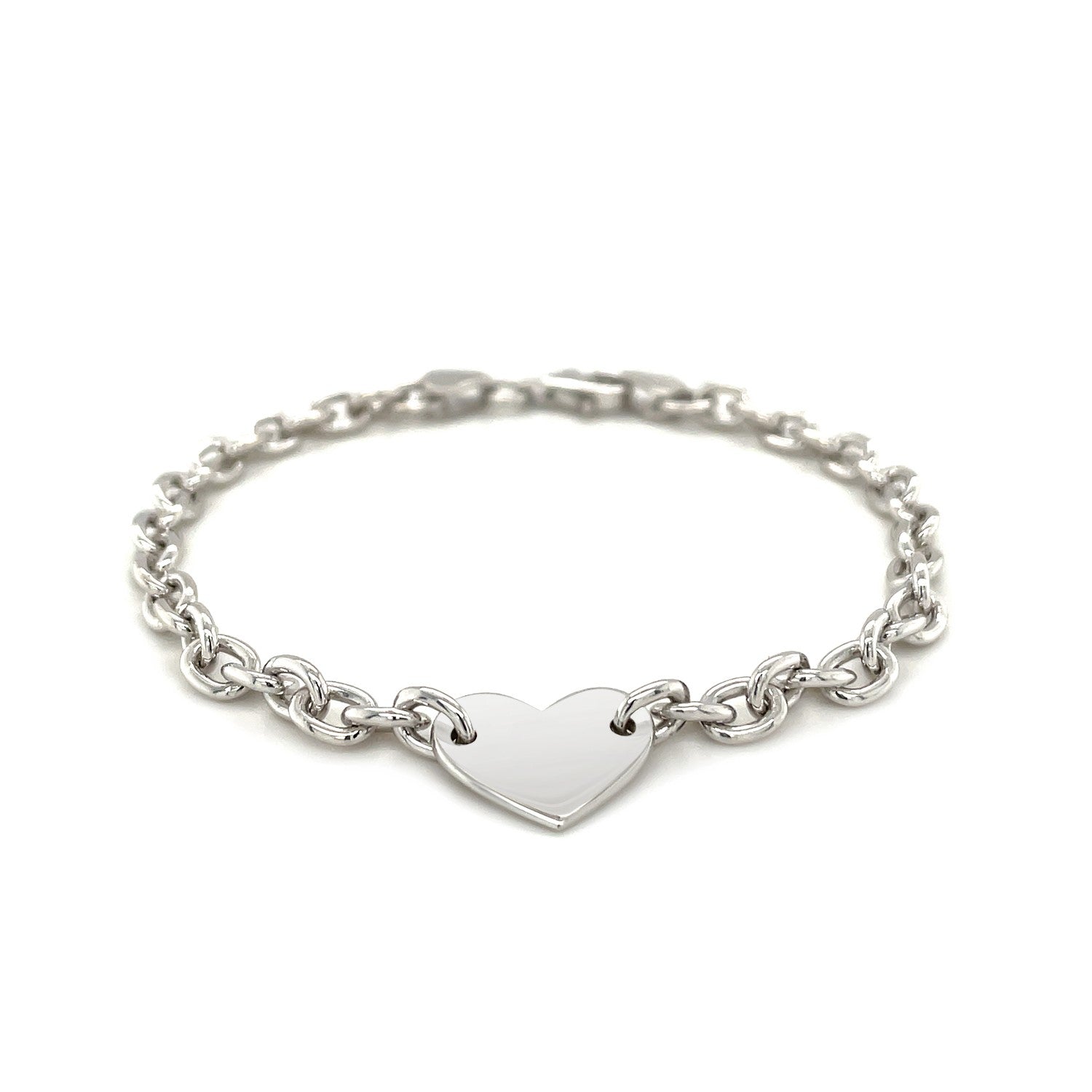 Sterling Silver Rhodium Plated Chain Bracelet with a Flat Heart Station-Teresa&#39;s Fashionista LLC