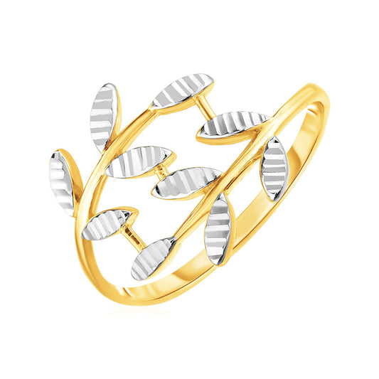 14k Two Tone Gold Crossover Ring with Textured Leaves-Teresa&#39;s Fashionista LLC