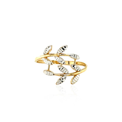 14k Two Tone Gold Crossover Ring with Textured Leaves-Teresa&#39;s Fashionista LLC