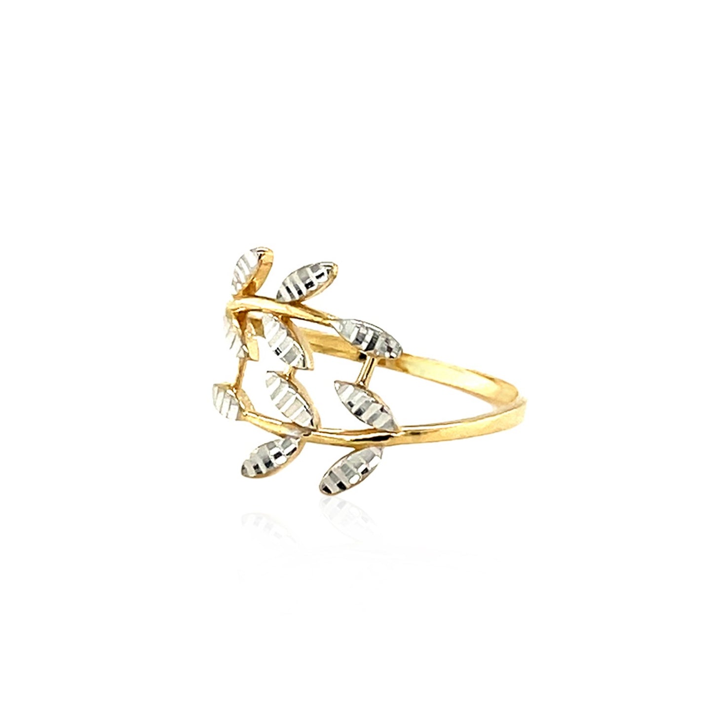 14k Two Tone Gold Crossover Ring with Textured Leaves-Teresa&#39;s Fashionista LLC