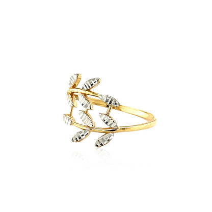 14k Two Tone Gold Crossover Ring with Textured Leaves-Teresa&#39;s Fashionista LLC