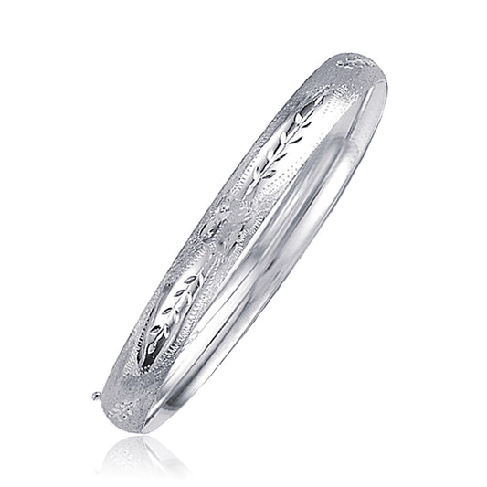 Classic Floral Carved Bangle in 14k White Gold (6.0mm)-Teresa&#39;s Fashionista LLC