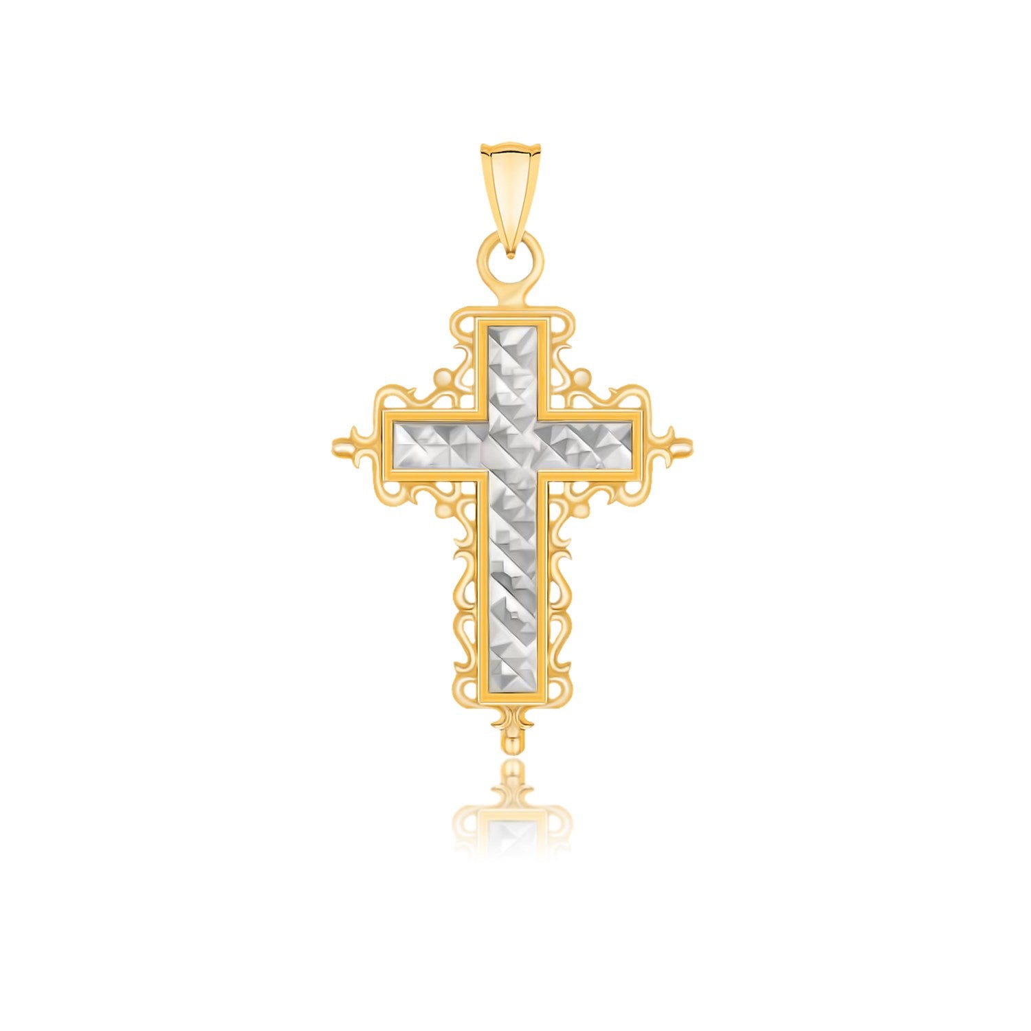 14k Two-Tone Gold Diamond Cut and Baroque Inspired Cross Pendant-Teresa&#39;s Fashionista LLC