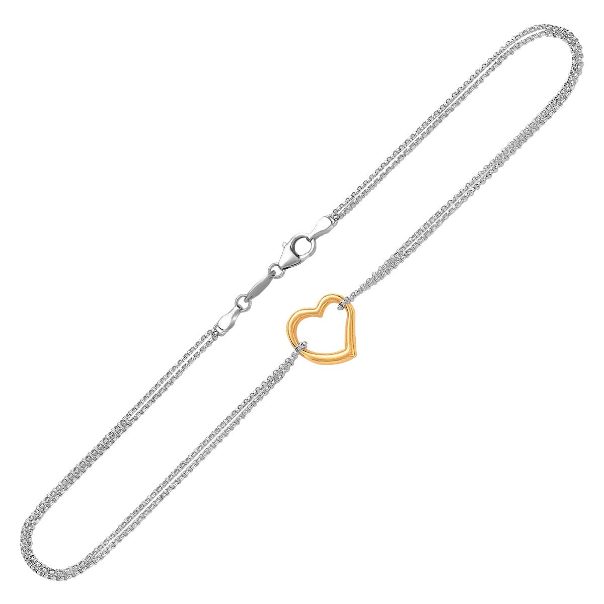 14k Yellow Gold and Sterling Silver Anklet with a Single Open Heart Station-Teresa&#39;s Fashionista LLC