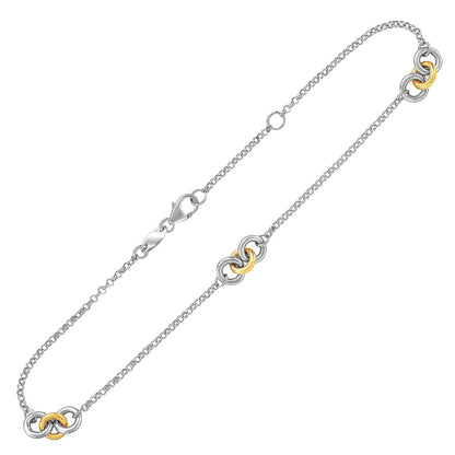 14k Yellow Gold and Sterling Silver Triple Ring Stationed Anklet-Teresa&#39;s Fashionista LLC