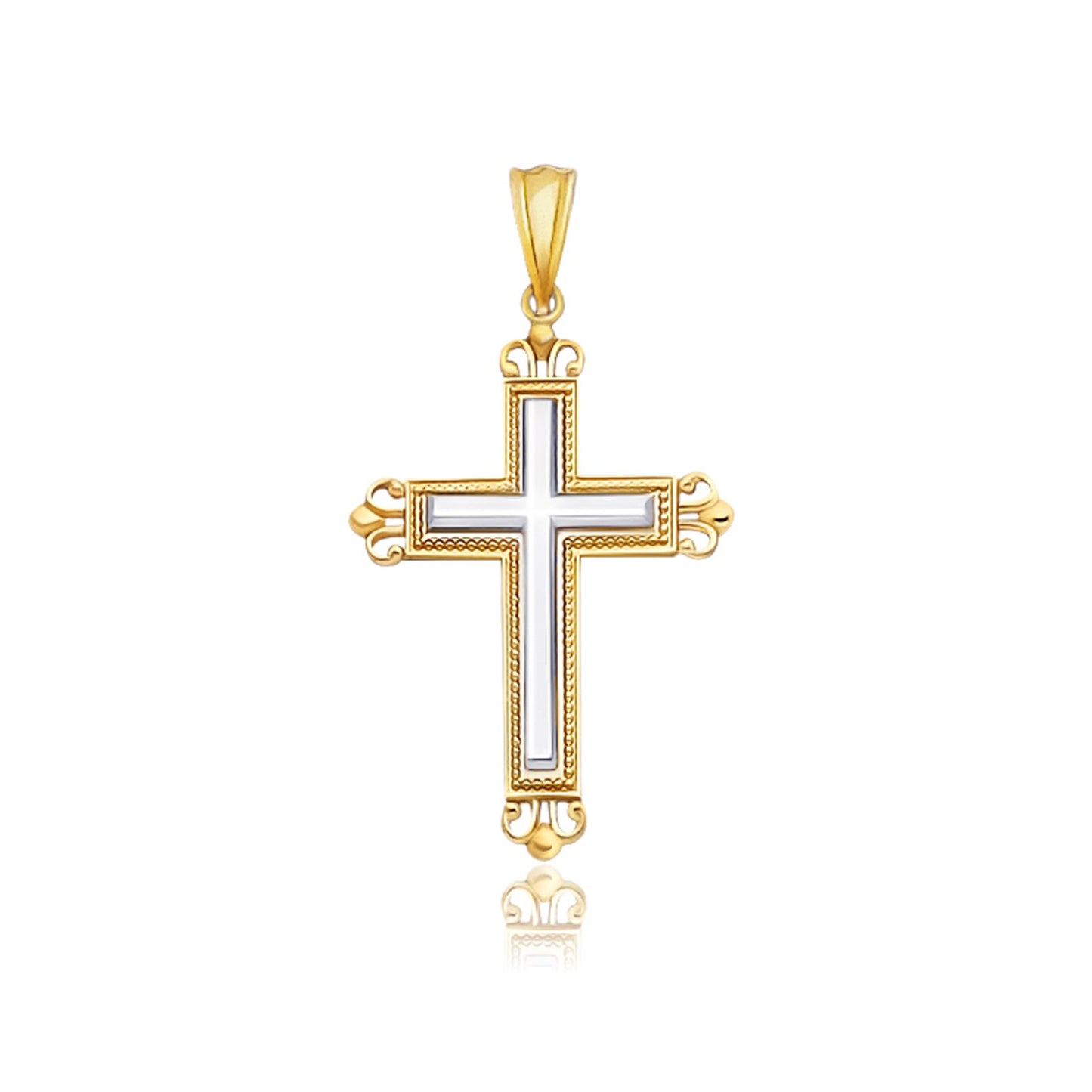 14k Two-Tone Gold Cross Pendant with an Ornate Budded Style-Teresa&#39;s Fashionista LLC