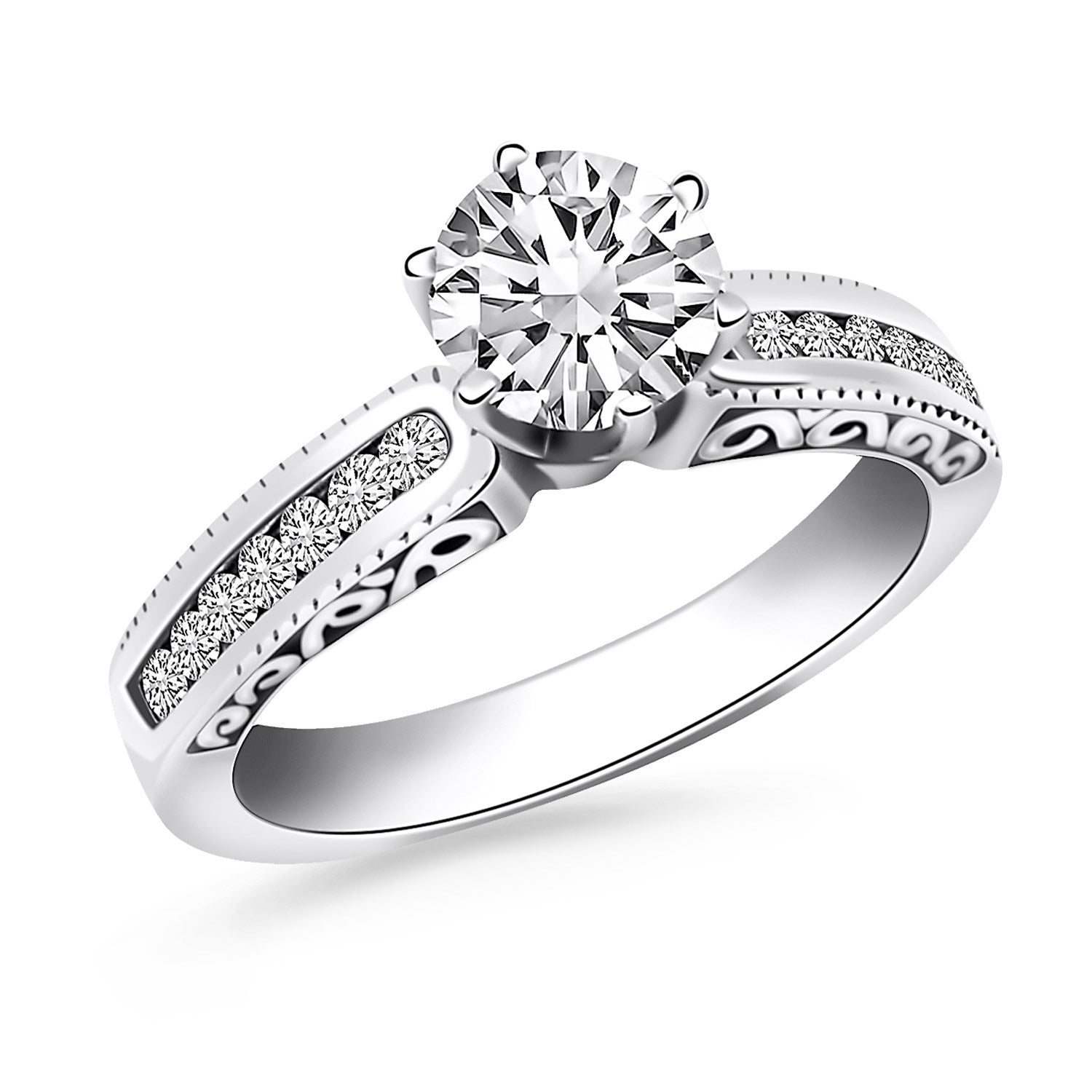 14k White Gold Channel Set Engagement Ring with Engraved Sides-Teresa&#39;s Fashionista LLC