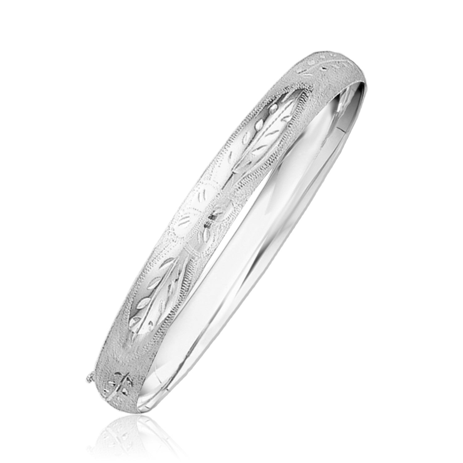 Classic Floral Carved Bangle in 14k White Gold (8.0mm)-Teresa&#39;s Fashionista LLC