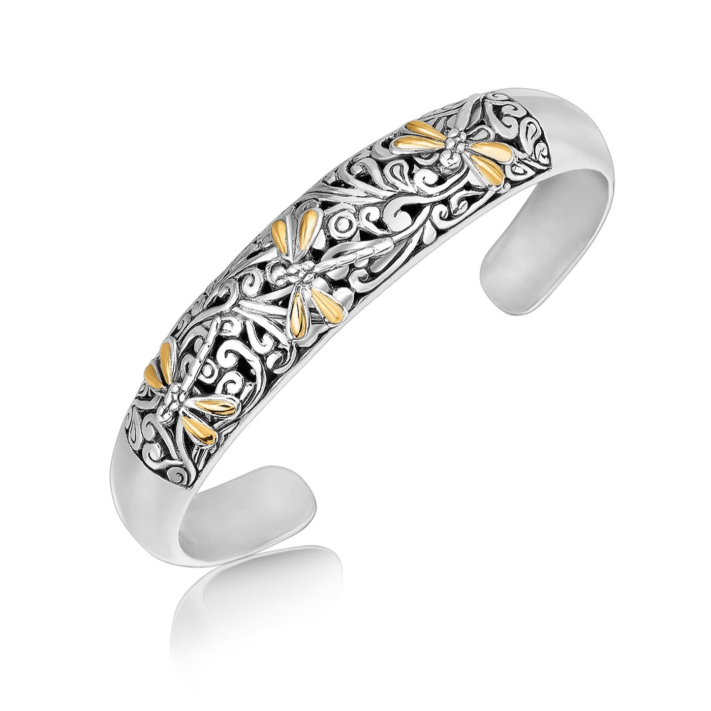 18k Yellow Gold and Sterling Silver Cuff with Dragonfly and Flourishes-Teresa&#39;s Fashionista LLC