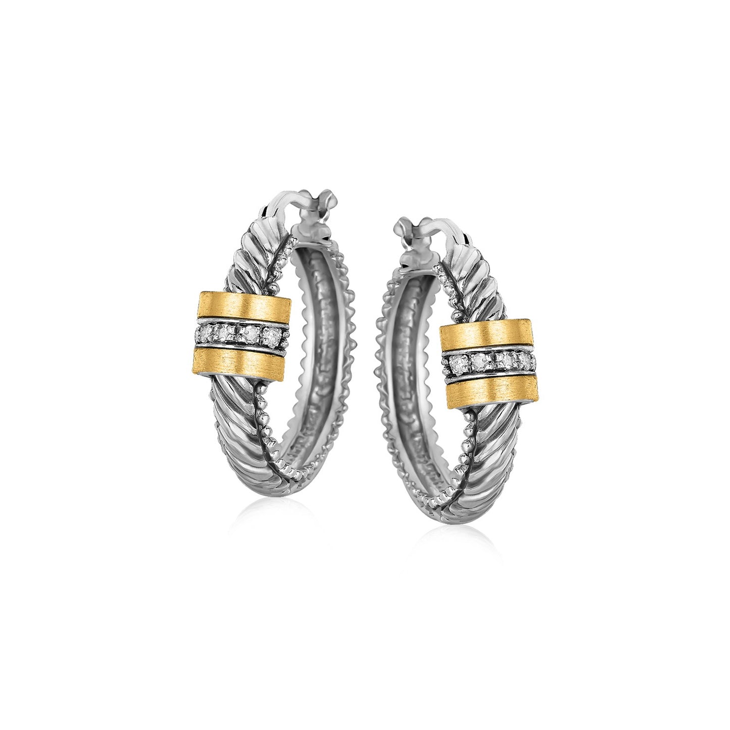 18k Yellow Gold and Sterling Silver Diamond Italian Cable Style Hoop Earrings-Teresa&#39;s Fashionista LLC