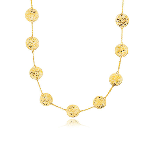 14k Yellow Gold Textured Disc Long Layering Necklace-Teresa&#39;s Fashionista LLC