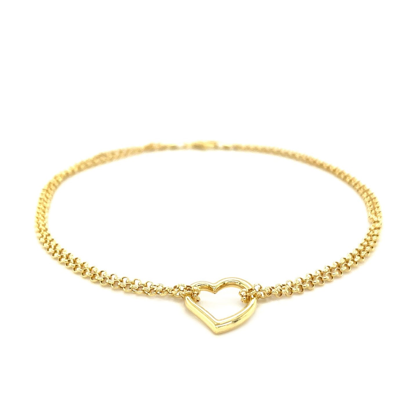 14k Yellow Gold Double Rolo Chain Anklet with an Open Heart Station-Teresa&#39;s Fashionista LLC