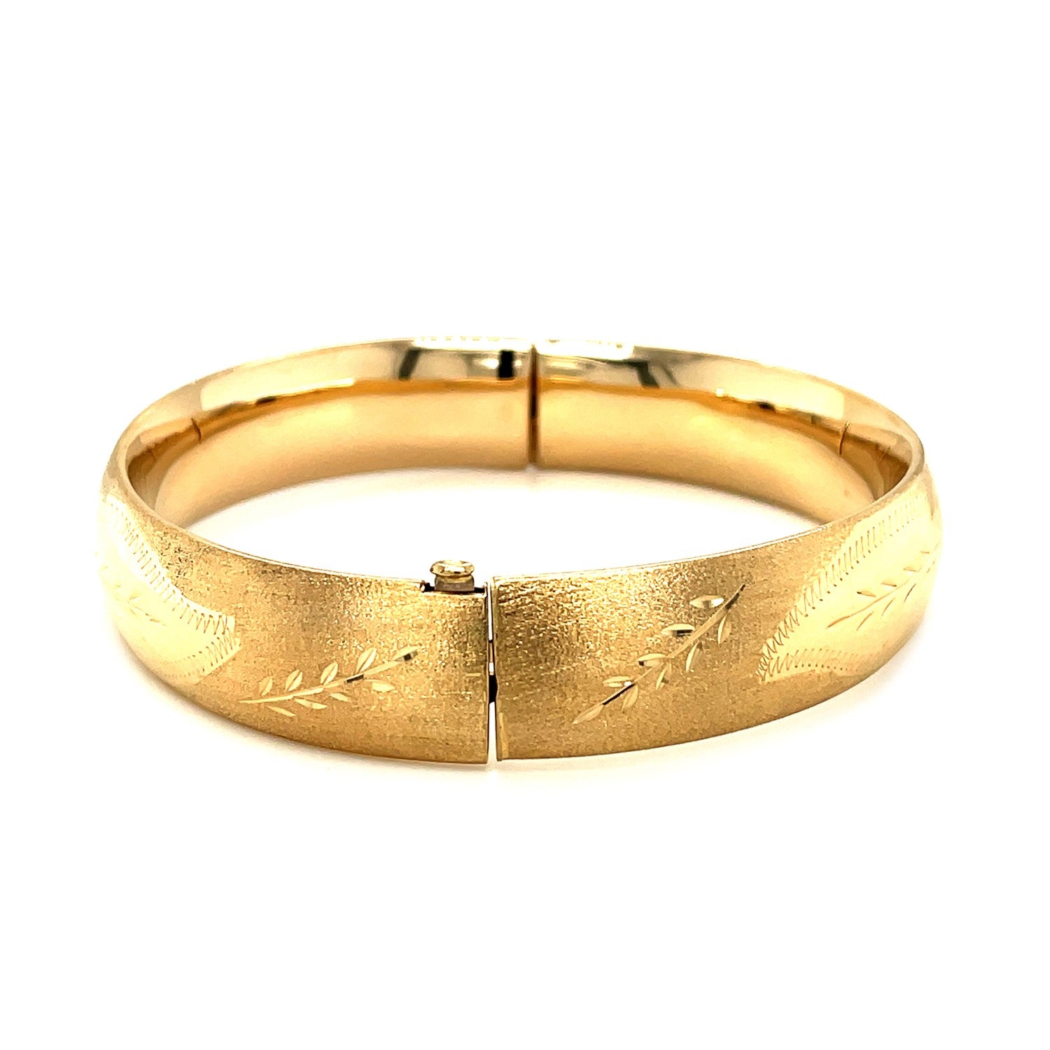 Classic Floral Carved Bangle in 14k Yellow Gold (13.5mm)-Teresa&#39;s Fashionista LLC