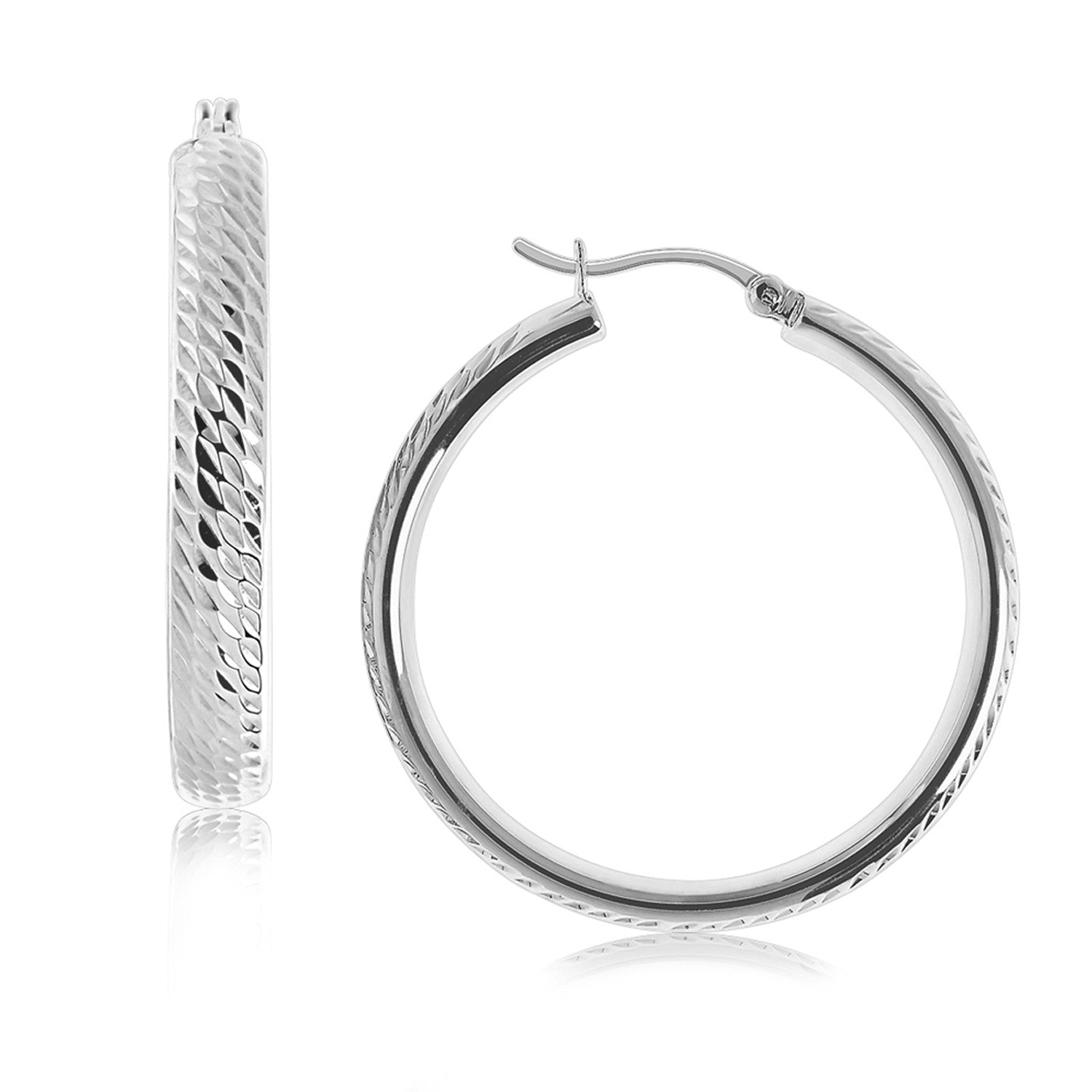 Sterling Silver Rhodium Plated Hoop Marquise Motif Diamond Cut Earrings (30mm)-Teresa&#39;s Fashionista LLC