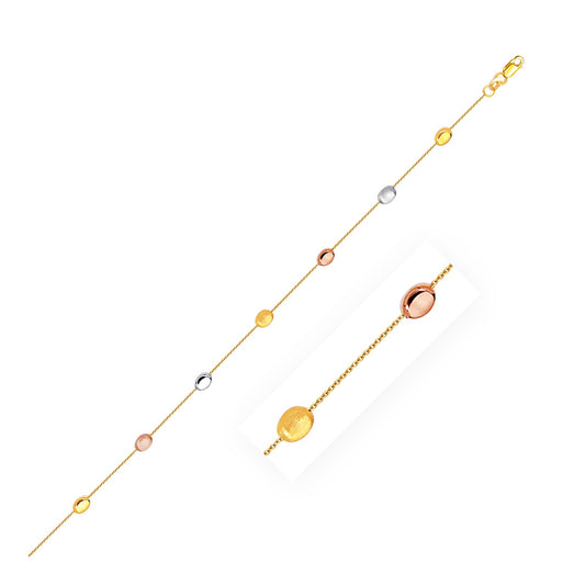 14k Tri-Color Gold Puffed Oval Shape Station Adjustable Anklet-Teresa&#39;s Fashionista LLC