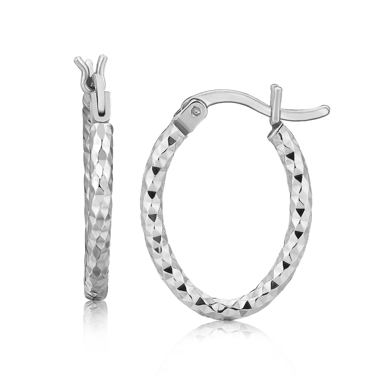 Sterling Silver Rhodium Plated Small Oval Hoop Diamond Cut Textured Earrings-Teresa&#39;s Fashionista LLC