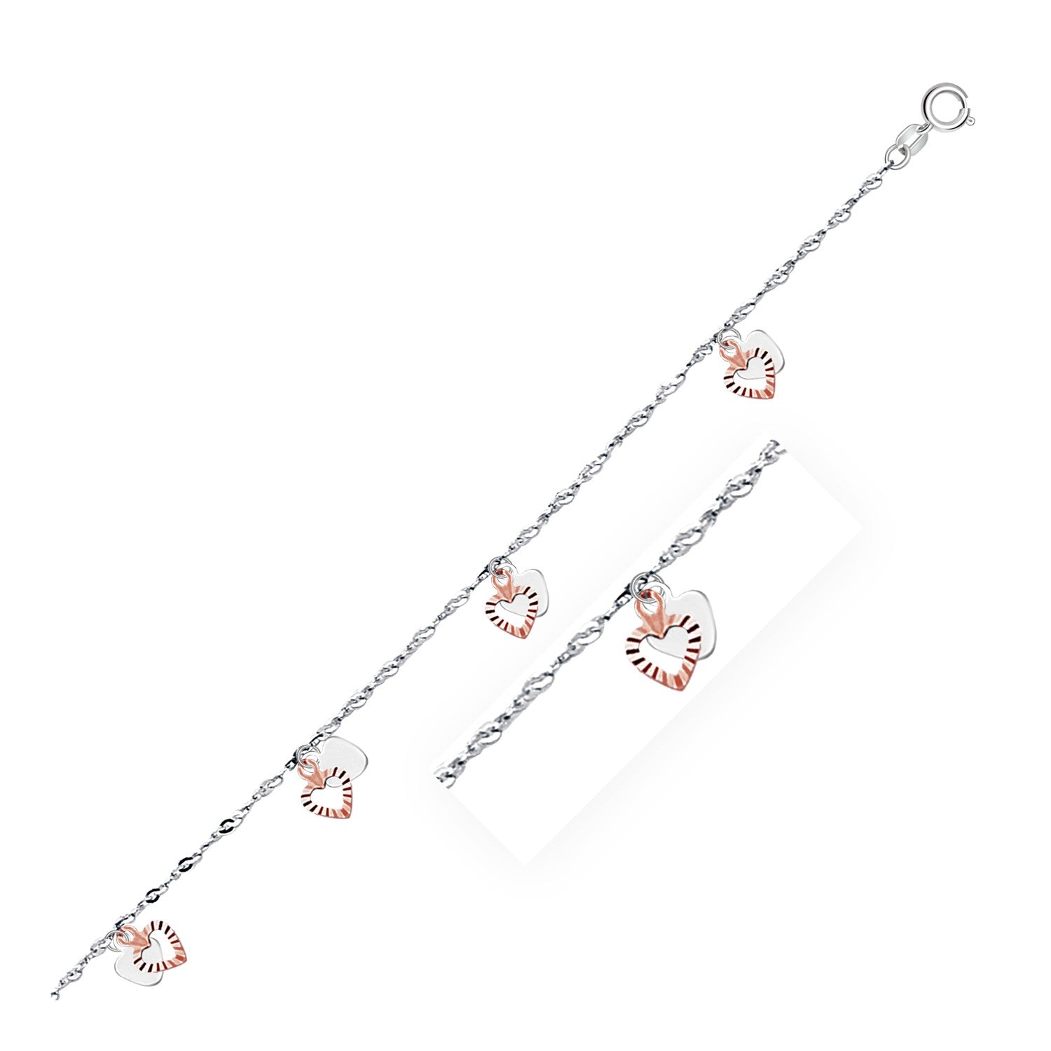 14k White and Rose Gold Anklet with Dual Heart Charms-Teresa&#39;s Fashionista LLC