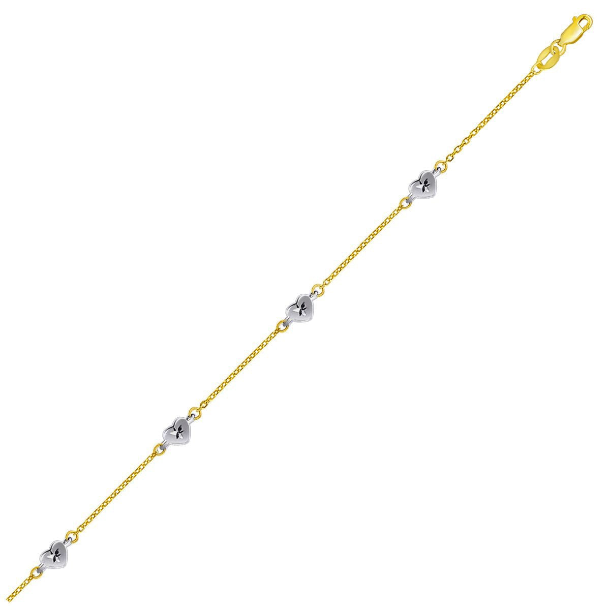 14k Two Tone Gold Anklet with Diamond Cut Heart Style Stations-Teresa&#39;s Fashionista LLC