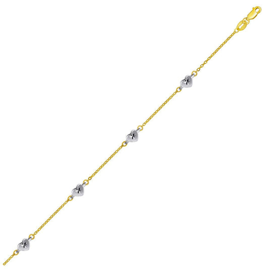 14k Two Tone Gold Anklet with Diamond Cut Heart Style Stations-Teresa&#39;s Fashionista LLC