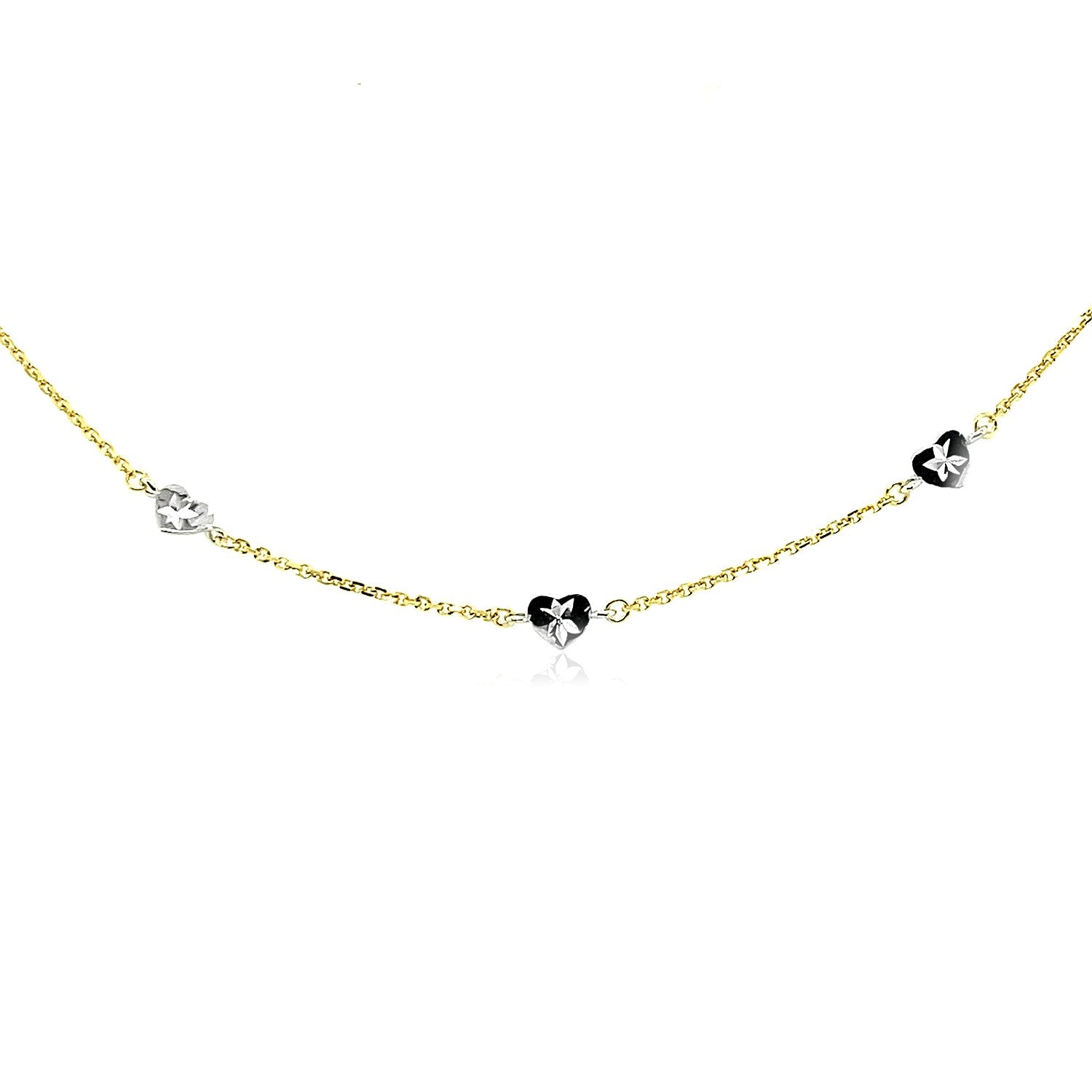 14k Two Tone Gold Anklet with Diamond Cut Heart Style Stations-Teresa&#39;s Fashionista LLC