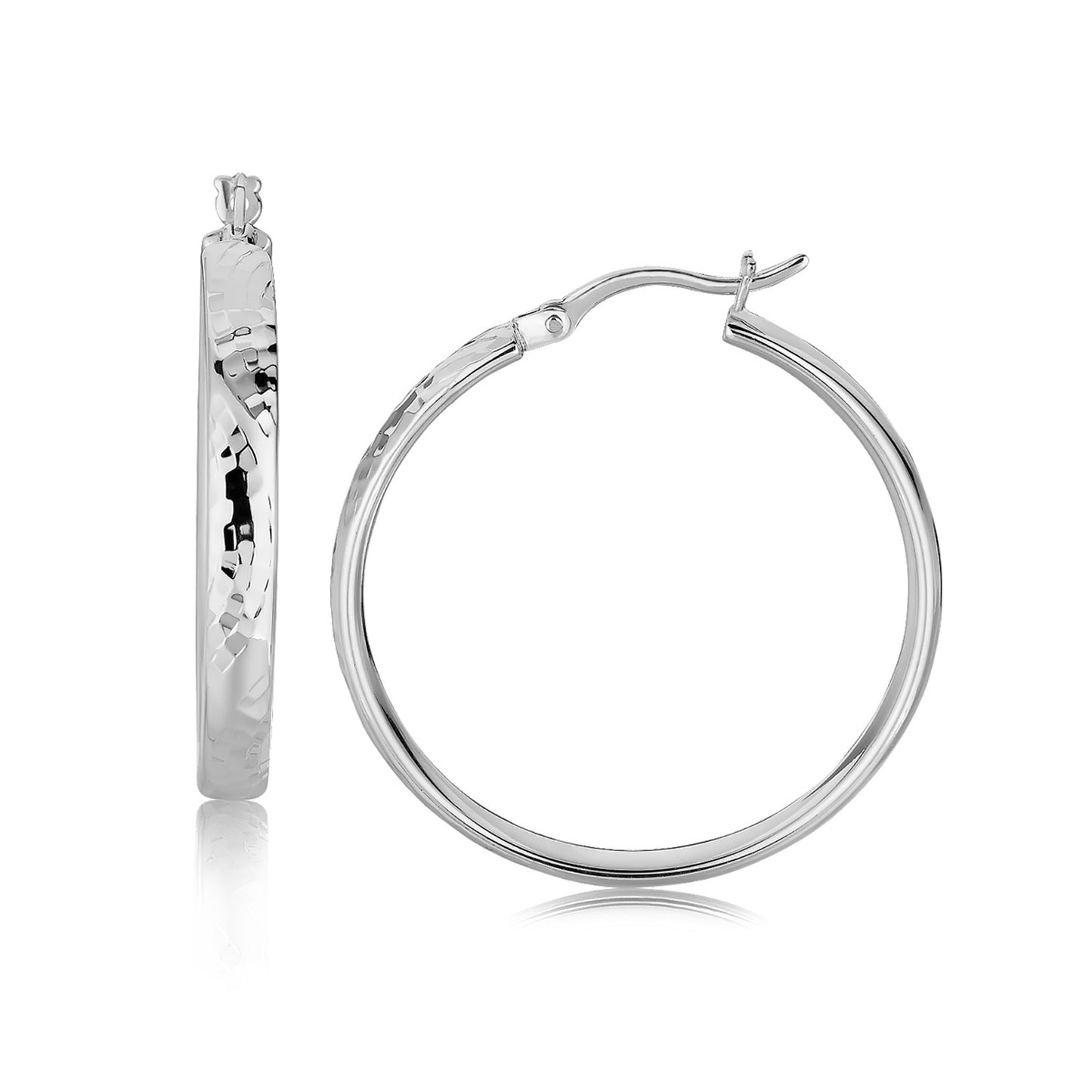 Sterling Silver Hammered Style Hoop Earrings with Rhodium Plating (30mm)-Teresa&#39;s Fashionista LLC