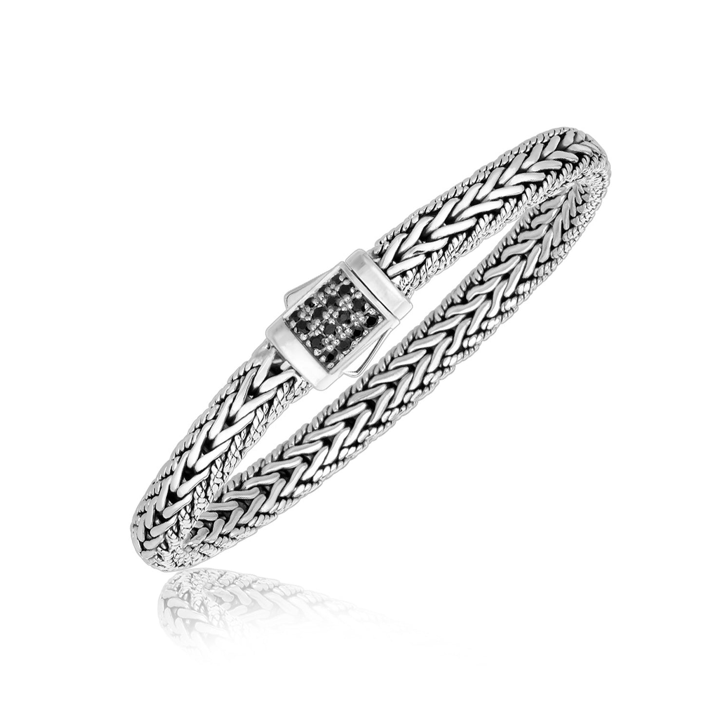 Sterling Silver Braided Style Men's Bracelet with Black Sapphire Accents-Teresa&#39;s Fashionista LLC